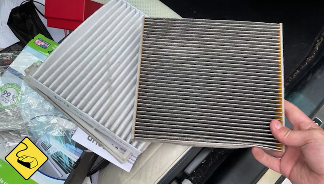 The dramatic visual of a dirty cabin air filter versus a clean one, highlighting its critical role in air quality.