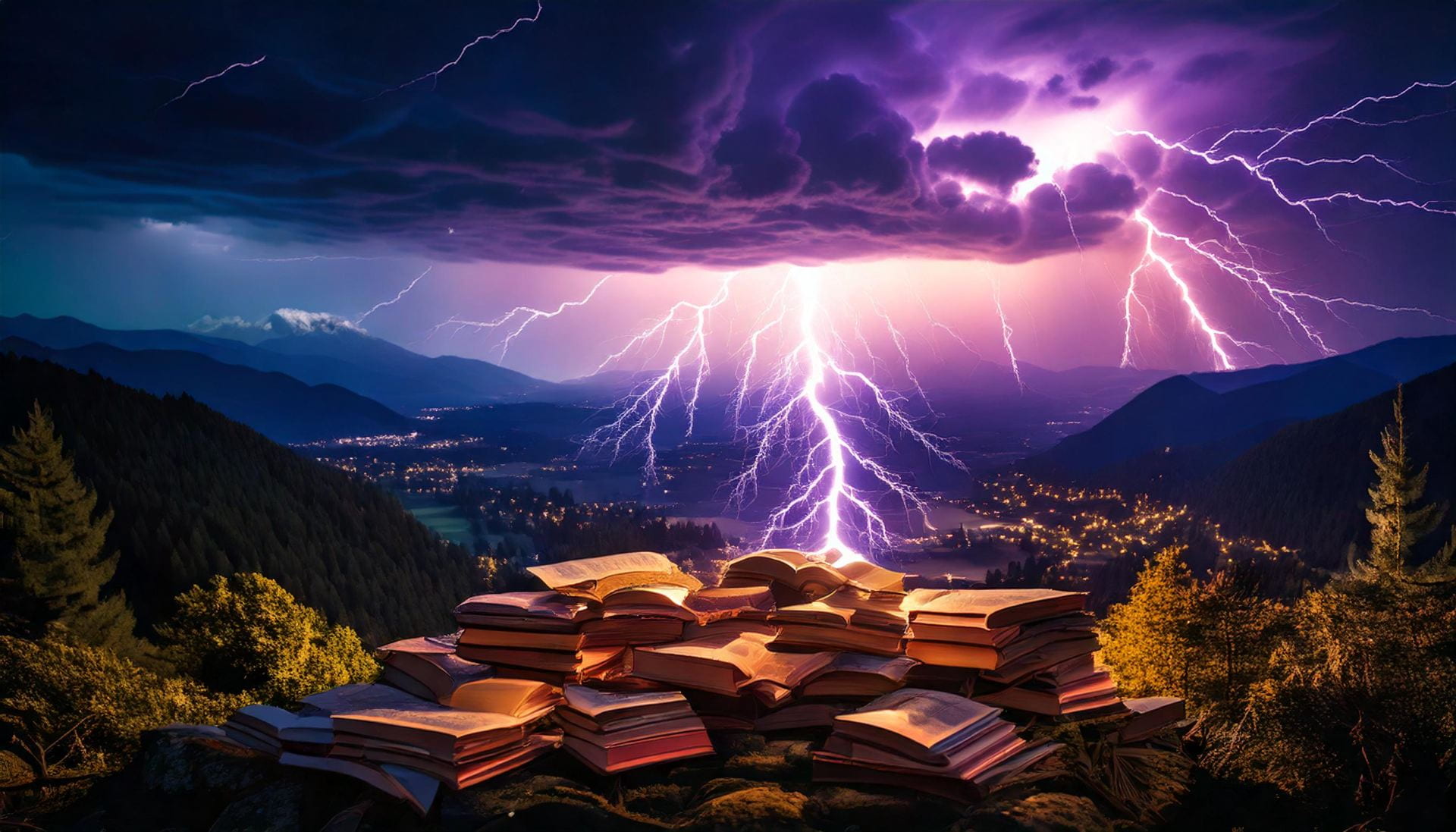 mountain landscape with research books and documents