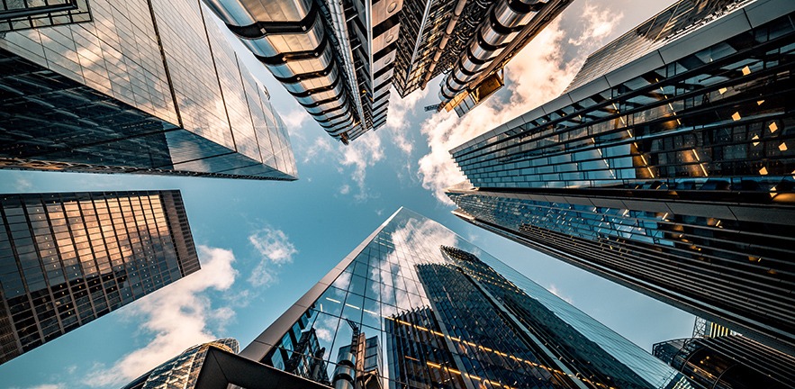 financial market dynamics, modern corporate buildings