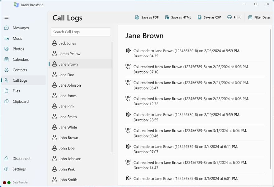 A screenshot of a mobile phone's call log showing recent calls with contact names and numbers.
