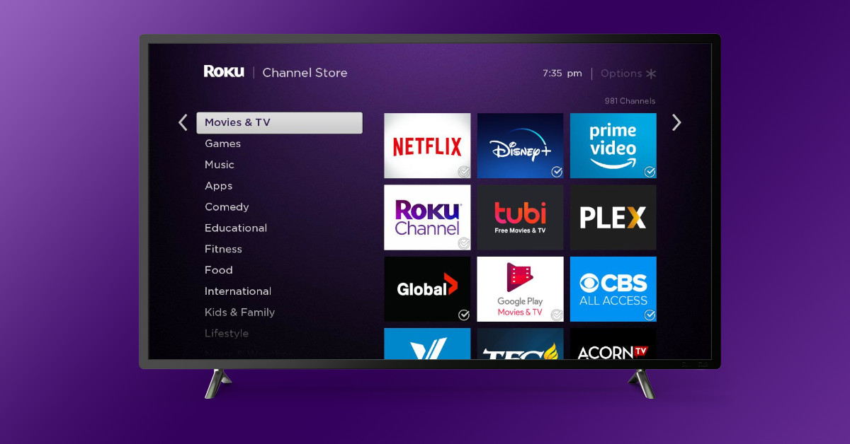 Roku streaming device channels display