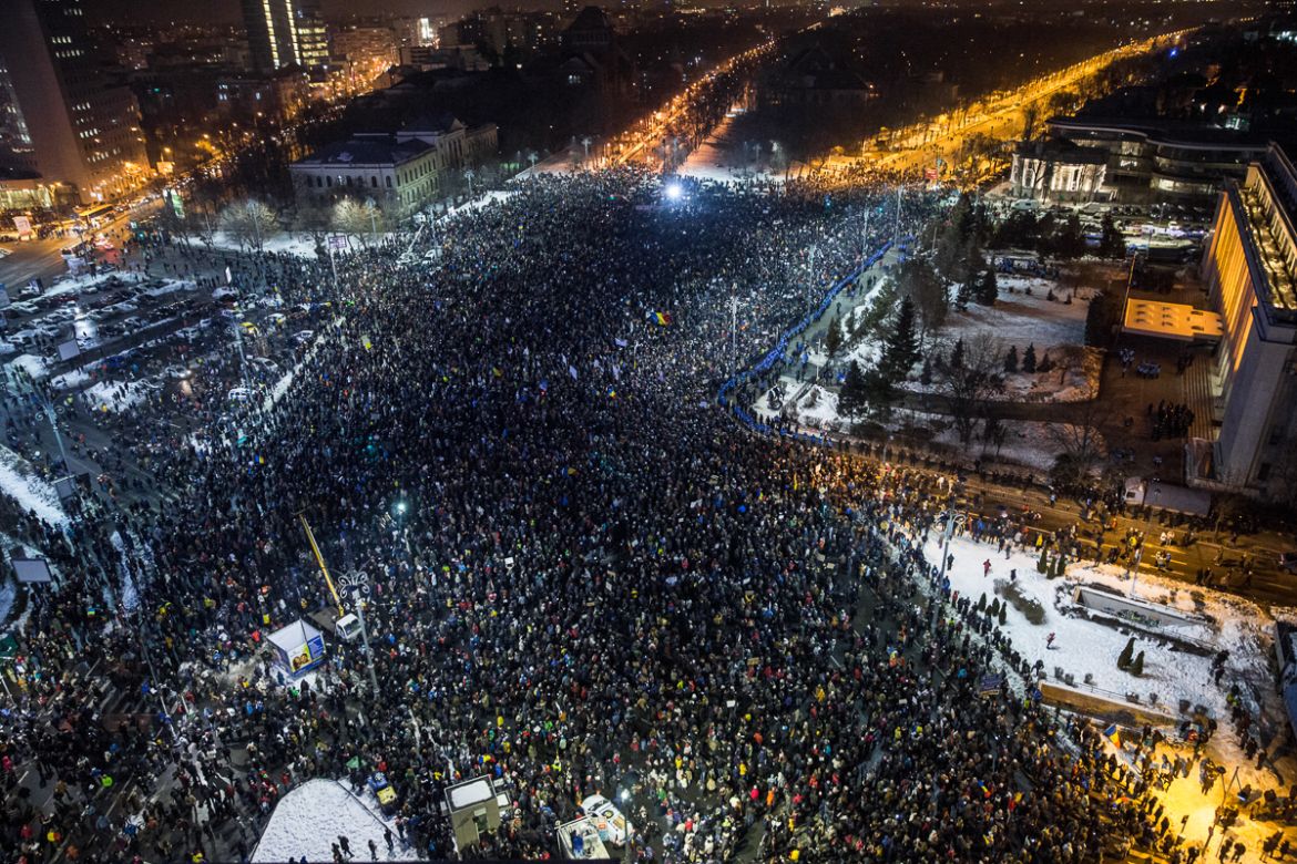 Romania cityscape protest rally