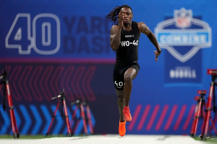 Xavier Worthy running the 40-yard dash at the NFL Combine