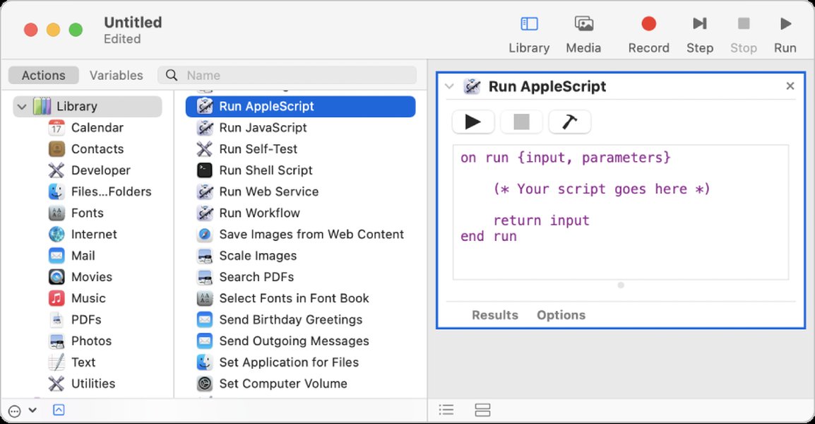 Interfaccia di Automator su macOS