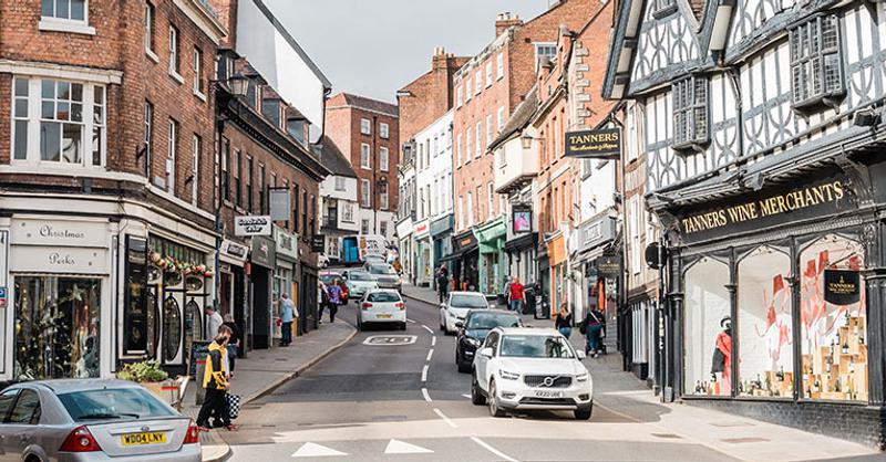 Shrewsbury town street view with modern details