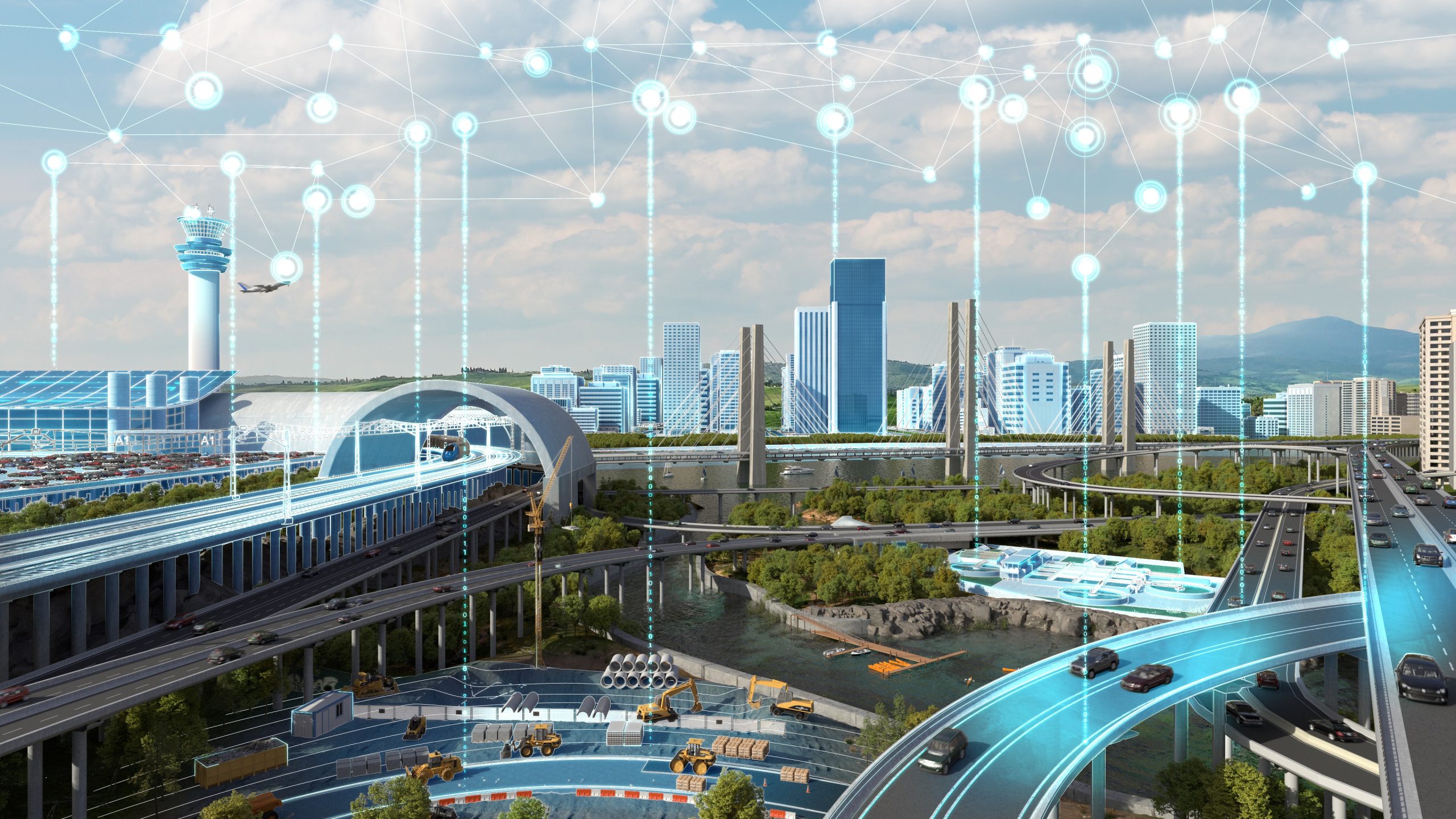 cityscape with digital network overlay and transportation