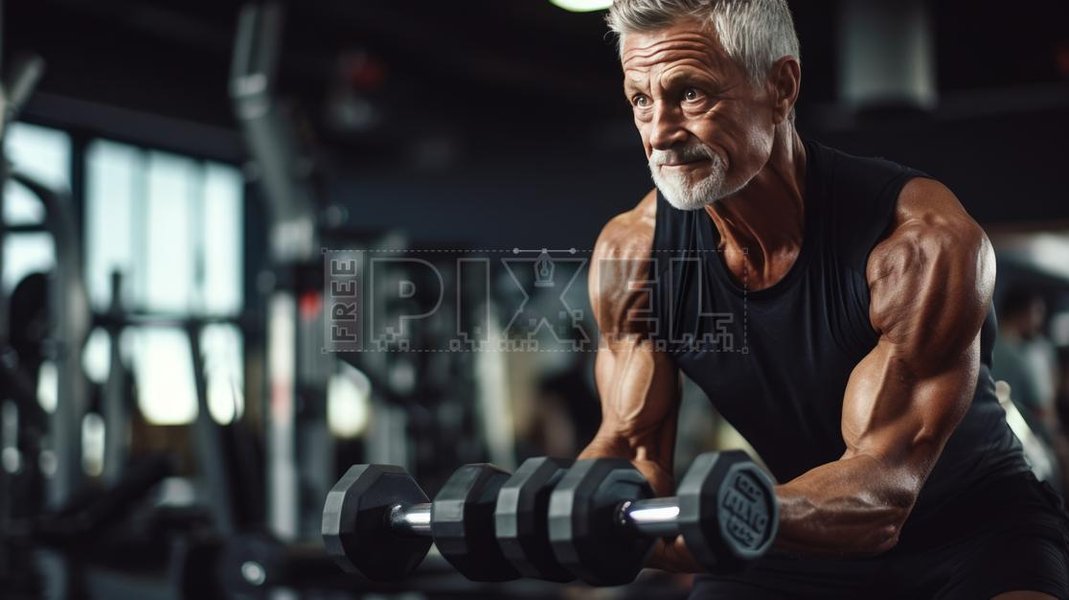 An older man in a gym confidently holding heavy dumbbells, demonstrating strength and determination.