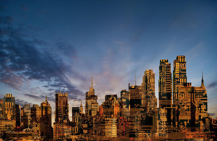 cityscape at dusk technology building