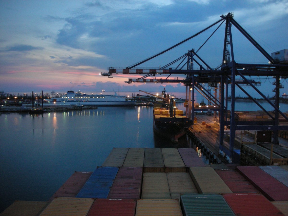 cargo ship dock sunset