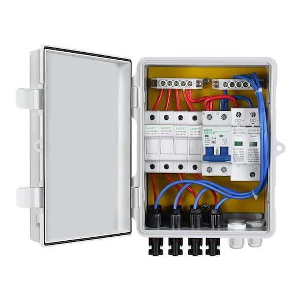 A PV combiner box for solar panel string connections.