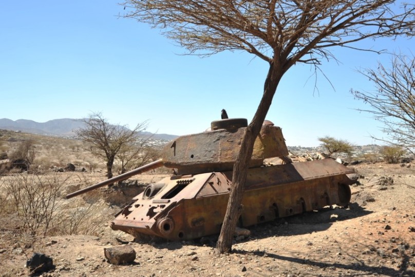 somalia desert landscape with military vehicles