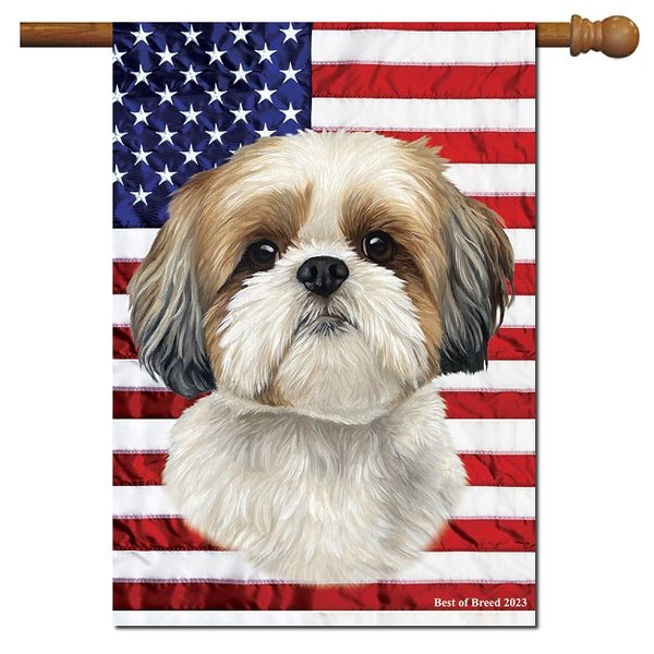 Shih Tzu flag with an All American patriotic theme, including stars and stripes.