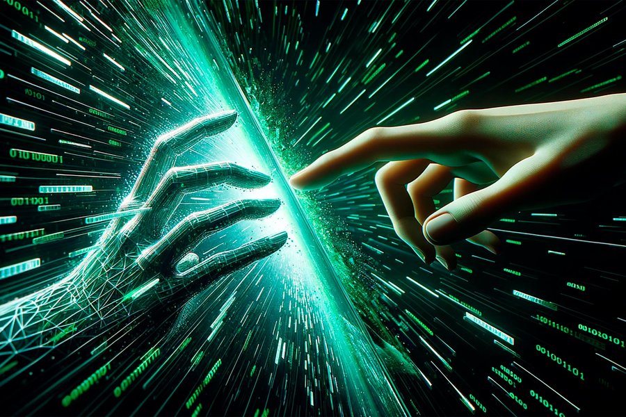 Conceptual art depicting a human figure interacting with digital code, symbolizing manipulation of a simulated reality.