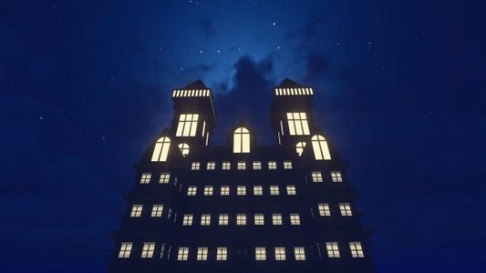 night sky with stars and hospital building