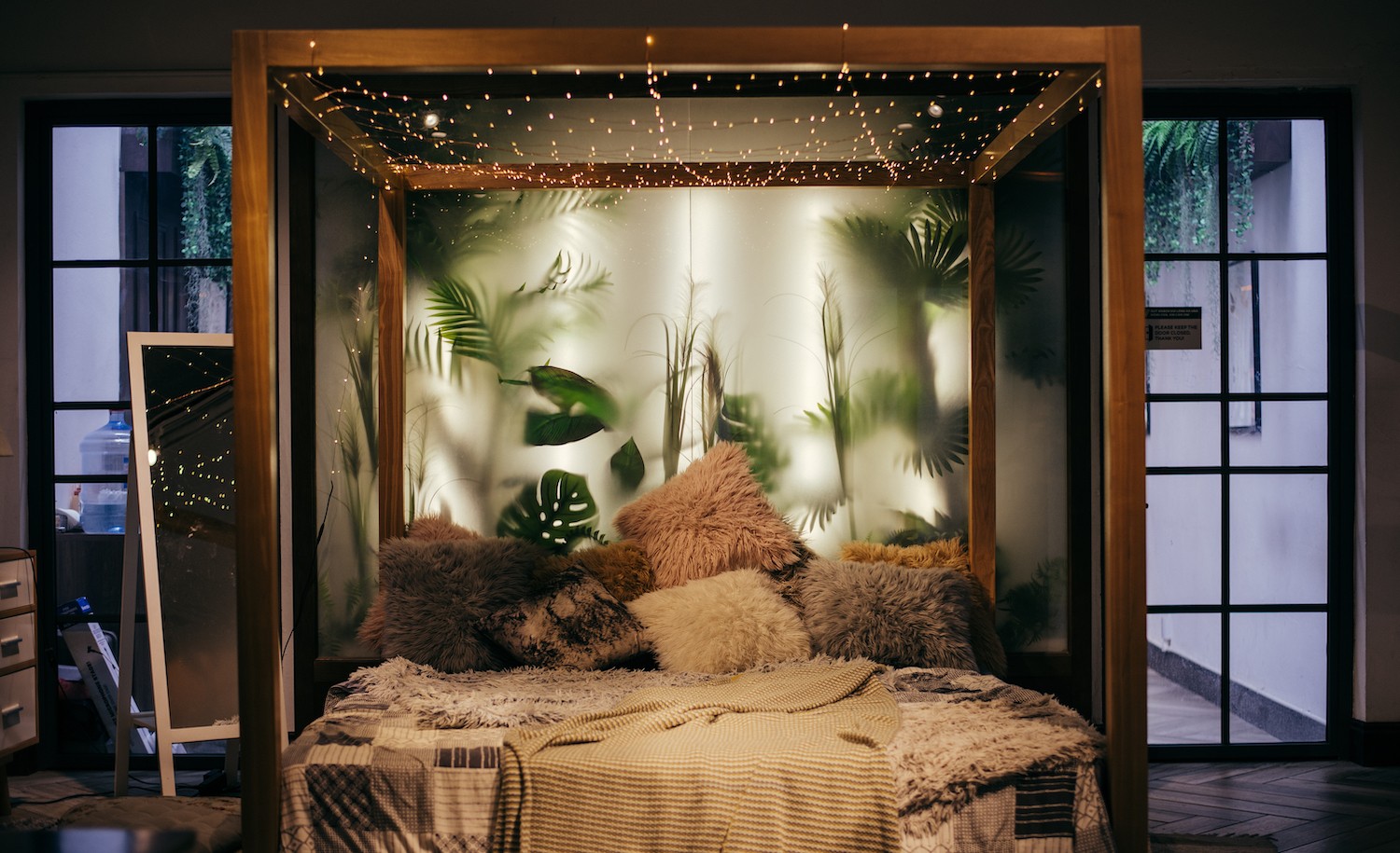 sleeping person with open eyes, bedroom interior, calming light