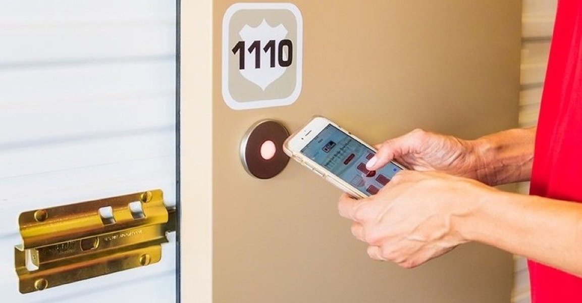 Close-up of a smart entry technology on a self-storage unit door