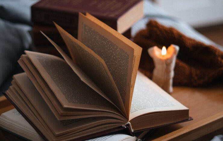 scenic books, isolated protagonist, books on table