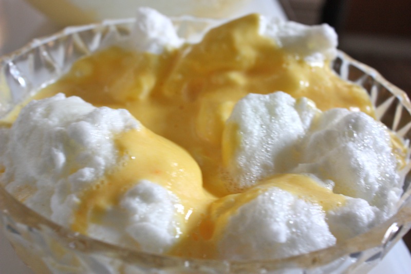 floating meringue dessert in a rustic setting