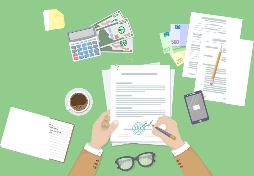 corporate office building and legal documents