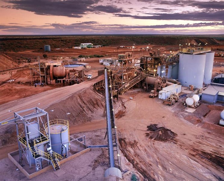Aerial view of a heap leach pad at a mine