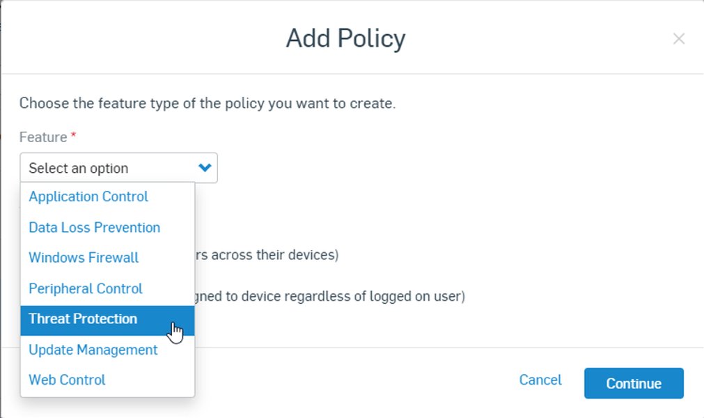 ตัวอย่างหน้าการตั้งค่านโยบายใน Sophos Central