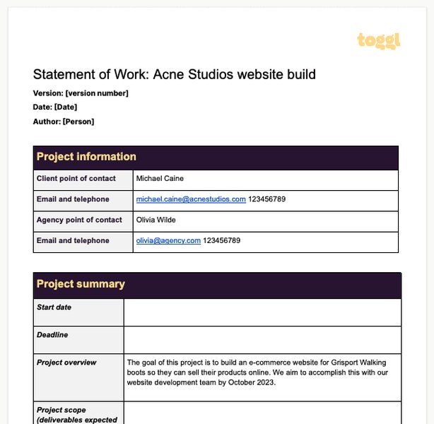 Example of a Statement of Work template structure