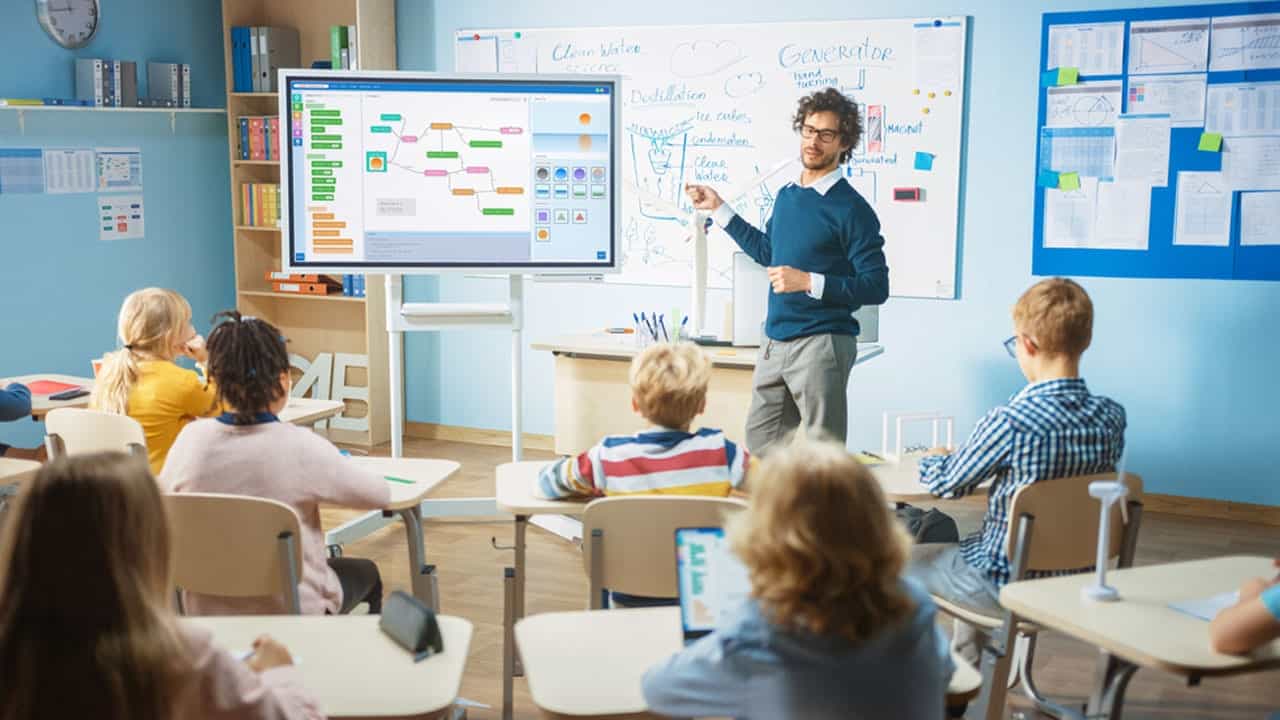 modern classroom digital whiteboard scenery