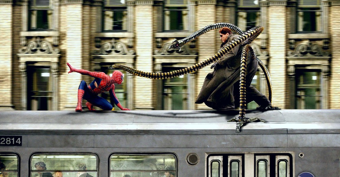 Spider-Man stopping the train, supported by passengers.