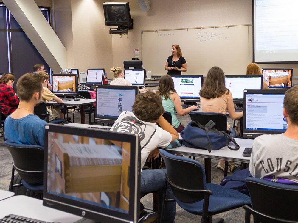 campus building, computer lab, education room, textbooks