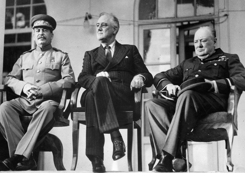Joseph Stalin with Franklin D. Roosevelt and Winston Churchill at the Tehran Conference in December 1943.