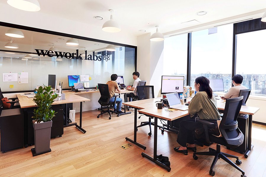 People working collaboratively in a modern office space