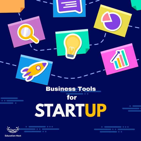 Graphic showing various business tool icons like communication, project management, and analytics.