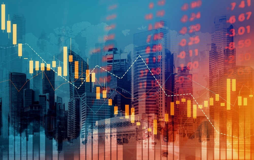 financial charts, stock market graphs, corporate buildings