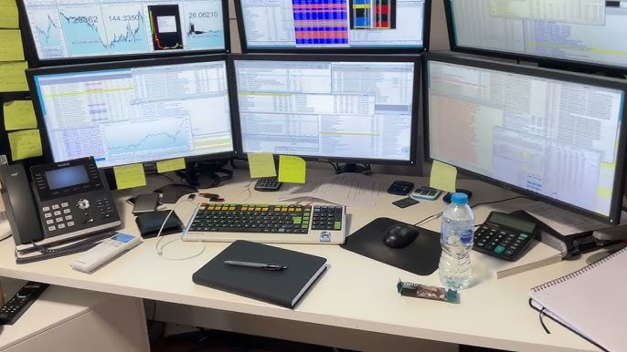 stock market trading floor, computers displaying stock charts