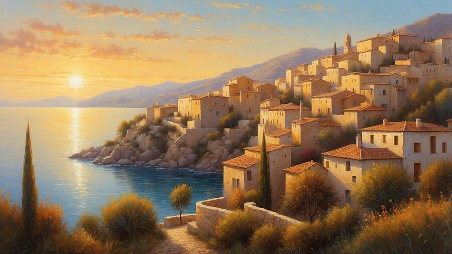 sunset village coastal landscape
