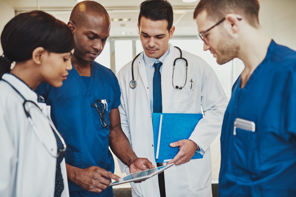 nursing students planning meeting in a hospital environment