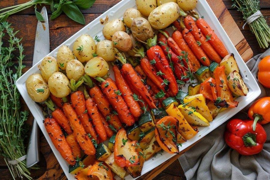 Légumes variés rôtis au four, dorés et appétissants sur une plaque de cuisson