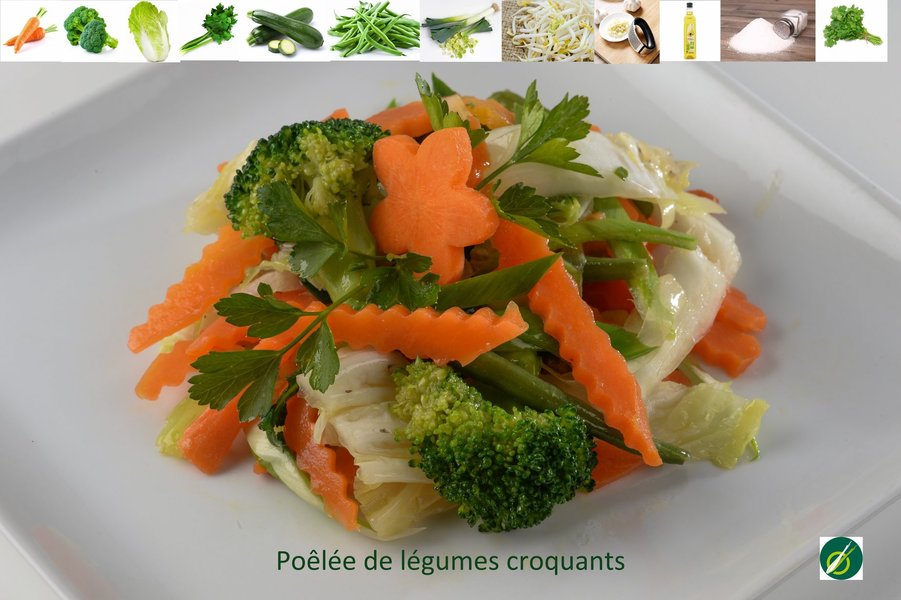 Poêlée de légumes variés, colorés et visiblement croquants dans un wok