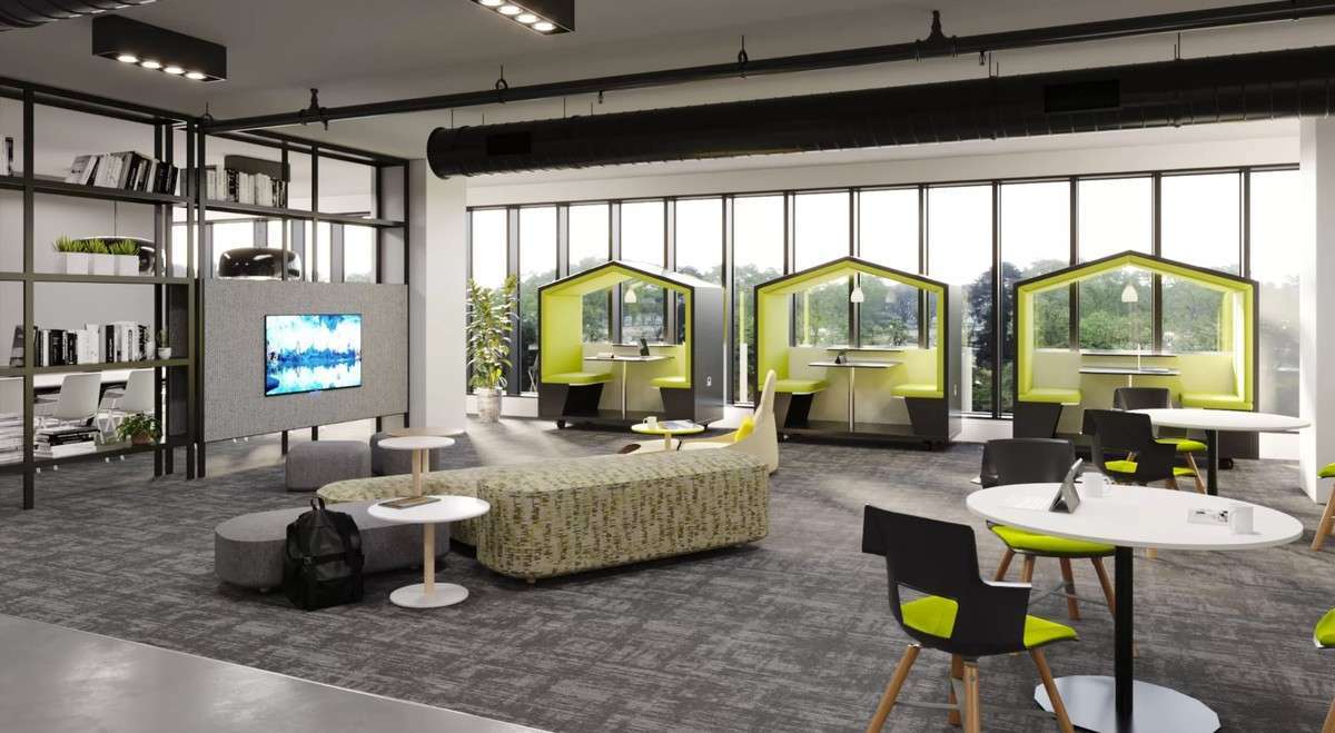 modern office workspace with team brainstorming