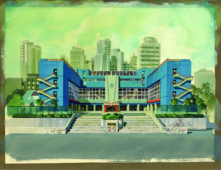 urban landscapes with media equipment and cultural symbols