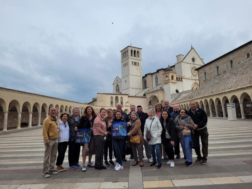 travel agency building and pilgrims gathering
