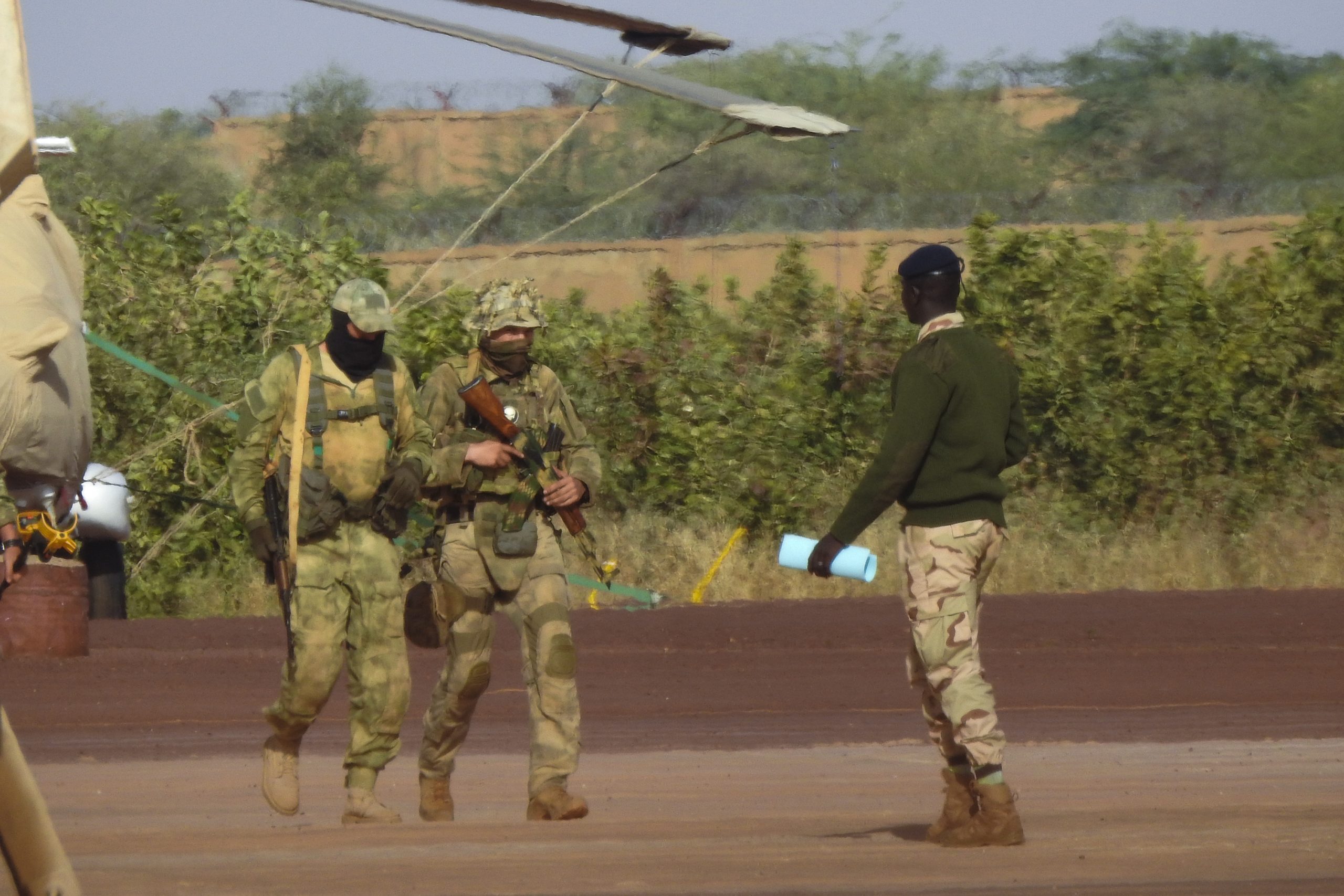 Russian military equipment alongside African landscapes