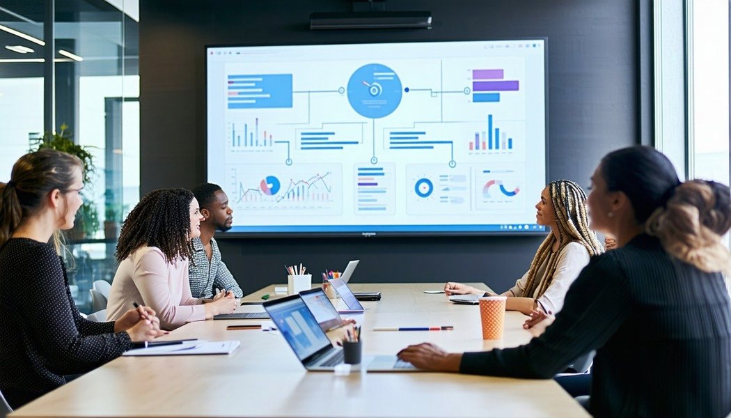 A team reviewing process documentation and workflows on a projected screen in a conference room.