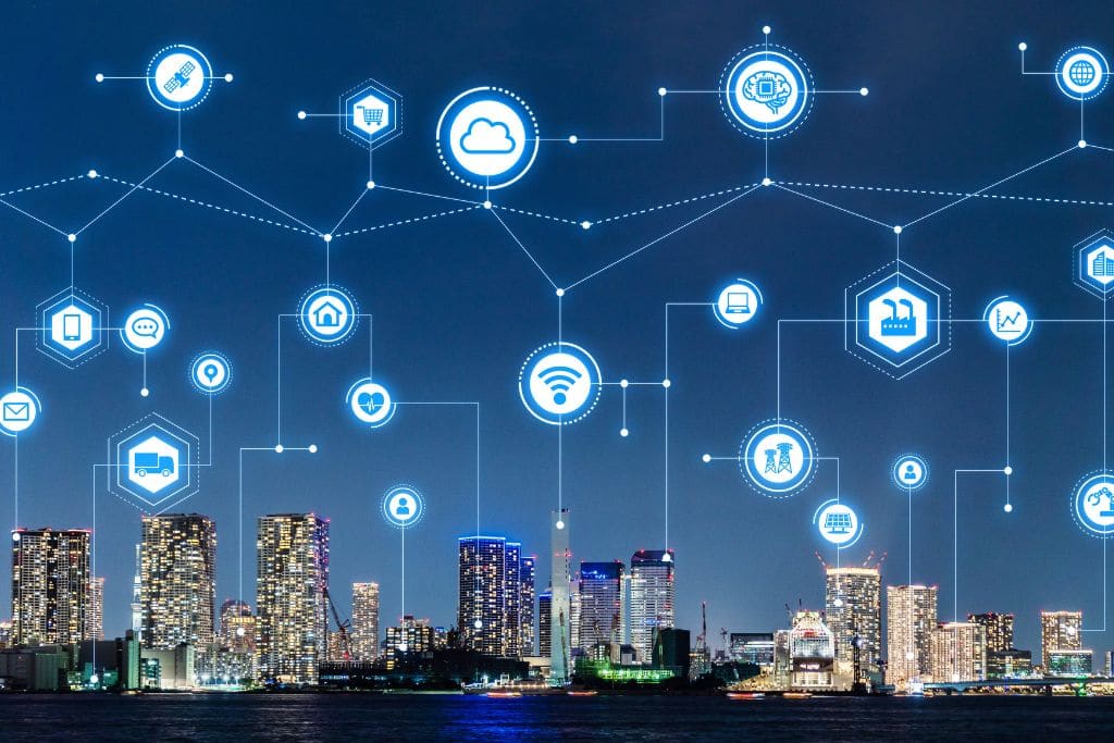 technological equipment and urban skyline