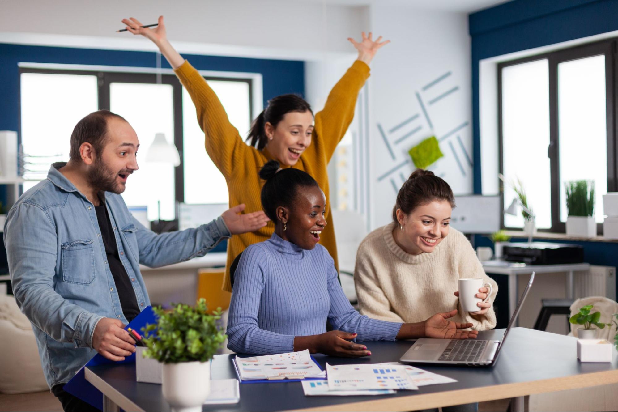 office environment and team celebration
