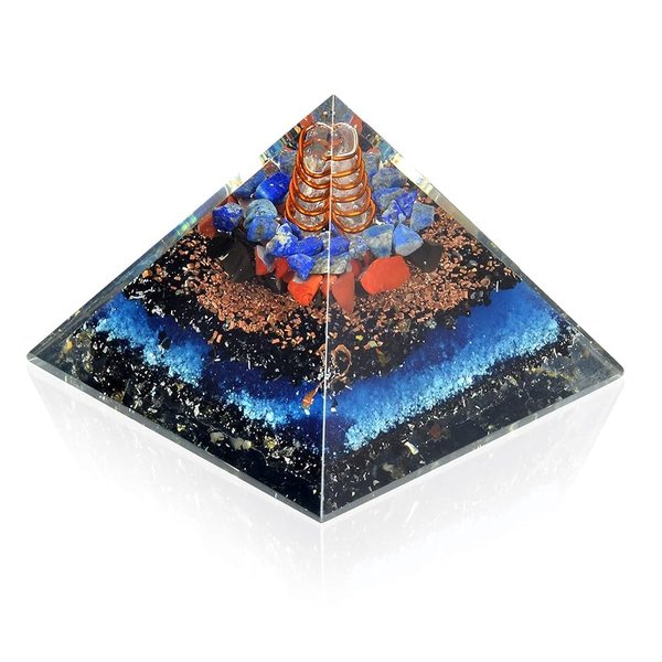 An Orgonite pyramid with visible layers of metal shavings, resin, and a crystal point, featuring Lapis Lazuli.