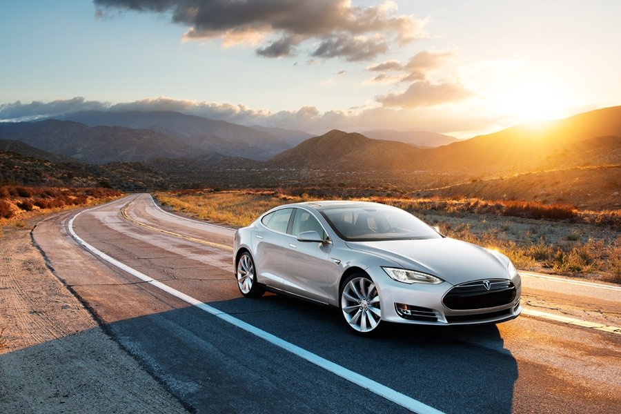 tesla electric vehicle road landscape