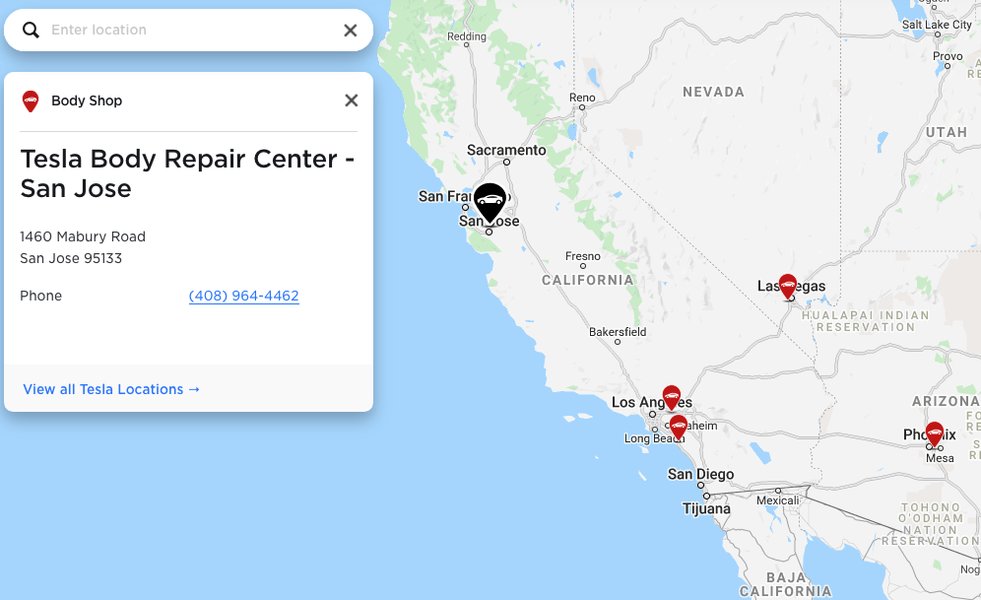 Map showing Tesla-certified body shop locations