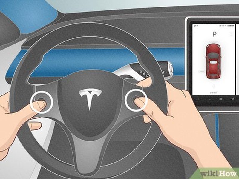 Illustration of a user holding both scroll wheels on a Tesla steering wheel to perform a soft reset. Illustration of a user holding both scroll wheels on a Tesla steering wheel to perform a soft reset.