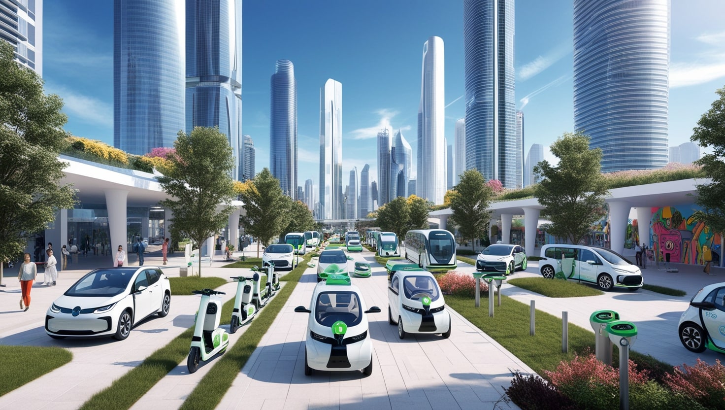 electric vehicles, automotive production facility, modern cityscape